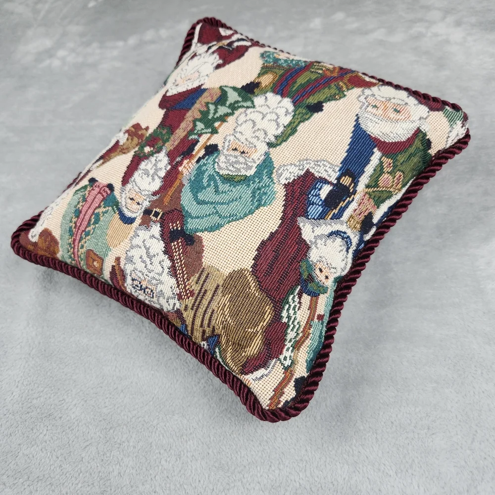 Vintage Tapestry Folk Santa Claus Christmas Emarald Green Throw Pillow 11”x11”